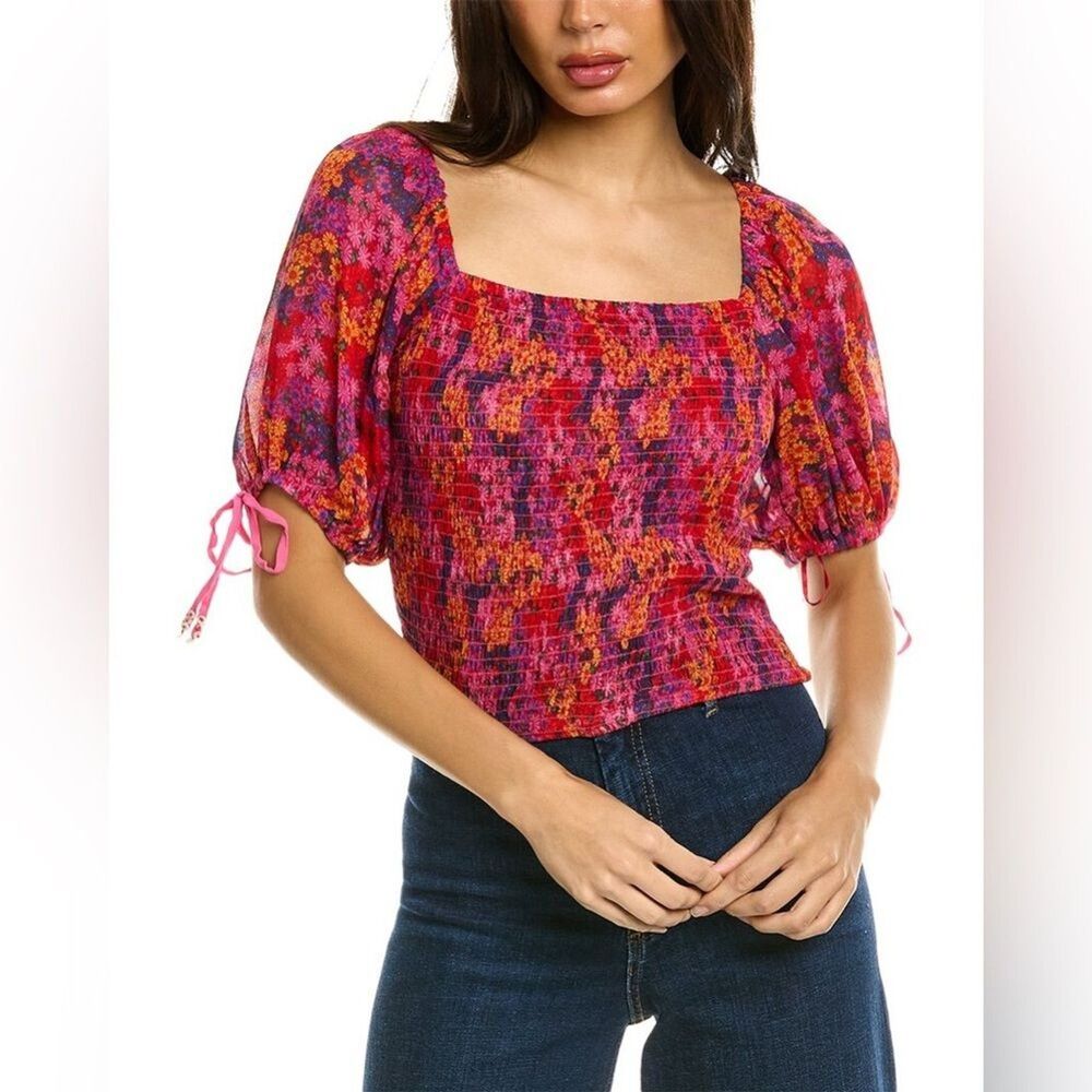 FREE PEOPLE Smocked Square Neck Floral Blouse - Pink/Red - Size Large Boho NWT